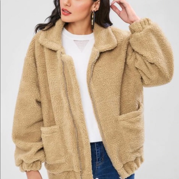 Brown/camel Zip-Up Teddy Coat - Picture 3 of 3